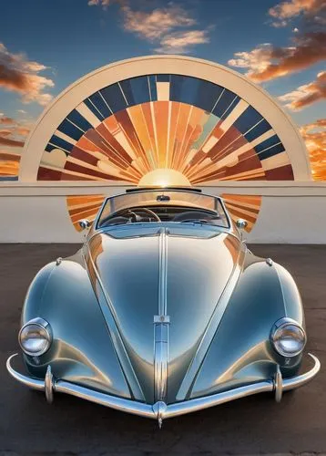 parabolic sunset  in the clouds, mural in the top of the car,,delahaye,delage,art deco,buick eight,horch,streamliner,tailfin,speedster,streamline,bugatch,classic car,streamlined,aeroshell,buick classi