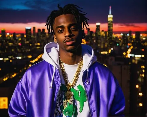 Young rapper, Playboi Carti, 24 years old, trendy hairstyle, gold chains, oversized hoodie, ripped jeans, sneakers, confident posture, holding microphone, standing in front of a city skyline at night,