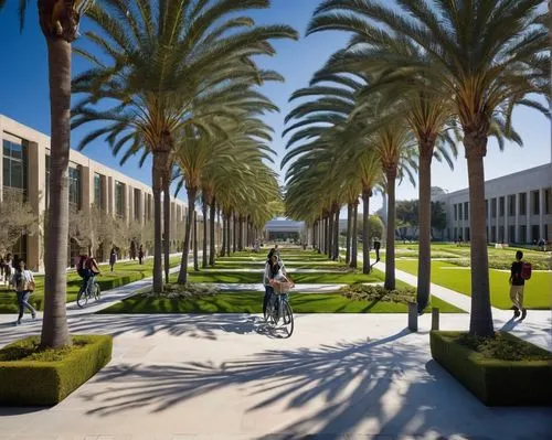 California Institute of Technology, modern architectural building, sprawling campus, palm trees lining the walkways, bright blue sky with few white clouds, sunny day, warm light, students walking in c