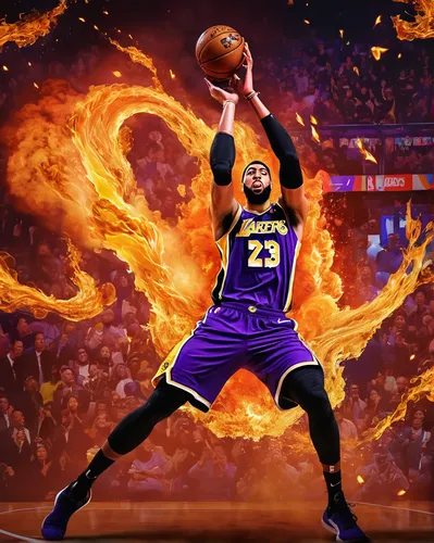 Create a Lakers wallpaper showcasing Anthony Davis shooting a three-pointer with a fiery explosion effect.,fire background,mamba,kobe,black mamba,spark fire,dame’s rocket,dragon fire,purple and gold,t