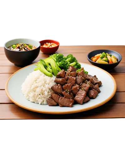 Delicious food, Japanese-style dinner, steaming hot, savory aroma, juicy beef, stir-fried vegetables, fluffy rice, ceramic plate, wooden table, warm lighting, shallow depth of field, appetizing compos