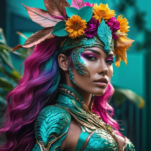 fantasy portrait,fantasy art,elven flower,the festival of colors,boho art,faerie,fantasy picture,masquerade,fantasy woman,mermaid vectors,beautiful girl with flowers,faery,flora,bodypaint,the enchantress,cleopatra,polynesian girl,flower fairy,feather headdress,headdress,Photography,Artistic Photography,Artistic Photography 08