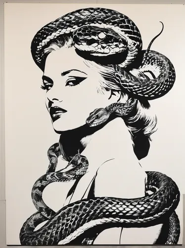 Create a piece of poetry capturing the elegance and danger of a venomous viper.,medusa,gorgon,medusa gorgon,stencil,serpent,multi layer stencil,marilyn,emperor snake,soumaya museum,kingsnake,roy licht