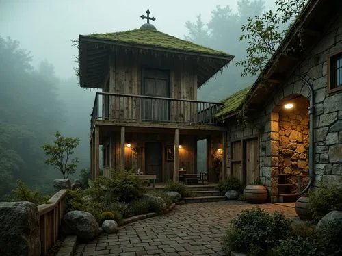 Rustic Watchtower, weathered stone walls, rough-hewn wooden accents, wrought iron details, moss-covered roofs, overgrown vines, mysterious foggy atmosphere, warm golden lighting, shallow depth of fiel