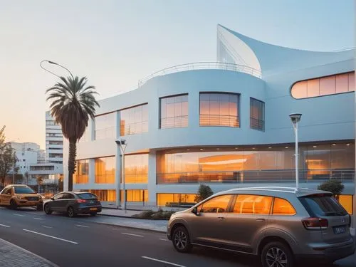 REMODELACION DE UNA PLAZA COMERCIAL, CON ARQUITECTURA NOVEDOSA,a large white building sitting next to a street,fresnaye,seidler,modern architecture,macba,herzliya,mipim,Photography,General,Realistic