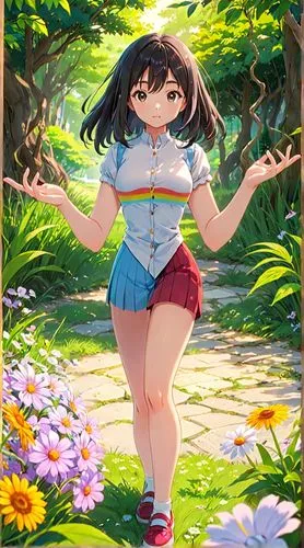 summer background,flower background,spring background,springtime background,sakura florals,floral background,japanese sakura background,sakura background,pollen panties,rainbow background,japanese floral background,summer flower,colorful floral,colorful background,rainbow pencil background,honmei choco,jean shorts,anime japanese clothing,summer clothing,erika,Anime,Anime,Traditional