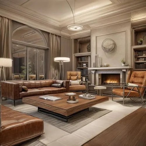 A modern dining area featuring a wooden table surrounded by six green chairs with wooden legs. Above the table hangs a stylish chandelier. In the background, a cozy brown leather couch with decorative