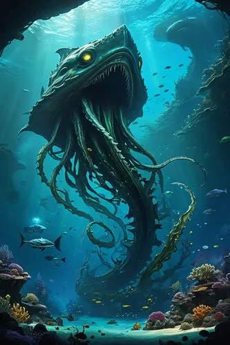 kraken,deep sea,sea monsters,cuthulu,undersea,god of the sea,under sea,sea devil,underwater background,underwater world,the bottom of the sea,scuba,sea life underwater,sea animal,deep sea nautilus,under the sea,bottom of the sea,water creature,sea god,ocean underwater,Conceptual Art,Fantasy,Fantasy 11