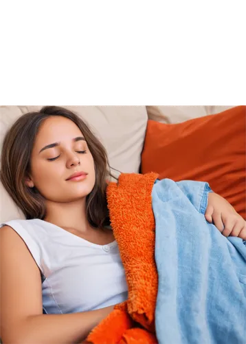 Relaxed girl, lying down, afternoon nap, soft sunlight, gentle facial expression, closed eyes, messy brown hair, casual wear, white tank top, light blue denim shorts, bare feet, cozy blanket, soft toy