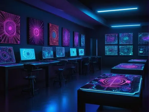 computer room,sci fi surgery room,ufo interior,neon cocktails,laboratory,plasma lamp,futuristic art museum,aquariums,neon drinks,black light,lab,uv,study room,a museum exhibit,classroom,game room,art gallery,aquarium decor,aquarium,neon light drinks,Illustration,American Style,American Style 11