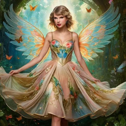 Taylor Swift as a fairy,the beautiful and very  taylor taylor wearing an angel costume,fairy queen,faerie,fairy,swiftlet,flower fairy,faery,Conceptual Art,Fantasy,Fantasy 05