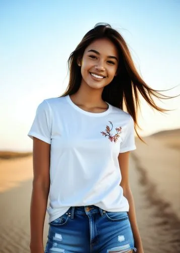 pretty,the smiling girl in the white shirt stands near sand dunes,girl in t-shirt,desert background,girl on the dune,beach background,marshallese,girl on a white background