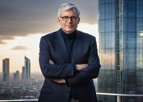 A mature, middle-aged male architect, bespectacled, short grey hair, clean-shaven, wearing a black turtleneck, dark blue blazer, white pants, black dress shoes, standing in front of a large skyscraper