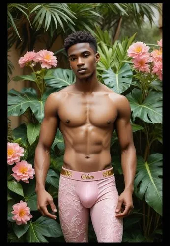 The scene is set in a lush garden, with vibrant flowers and herbs growing in the gentle breeze. A African chad Student top Model muscular adonis men with perfect body and wearing süpergold 3D-Meisterw