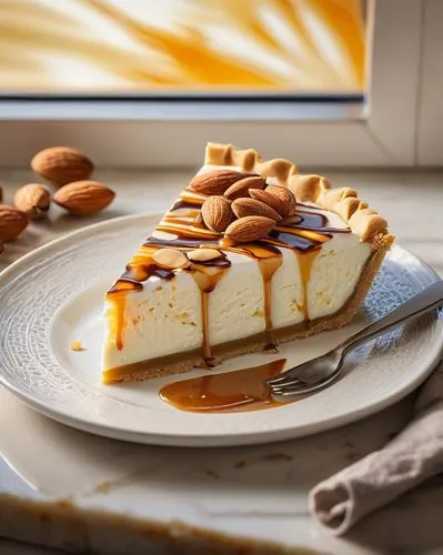 Frozen dessert icepie, modern kitchen counter, morning sunlight, glass window reflection, marble texture, stainless steel utensils, white ceramic plate, golden crust, creamy filling, scattered sliced 