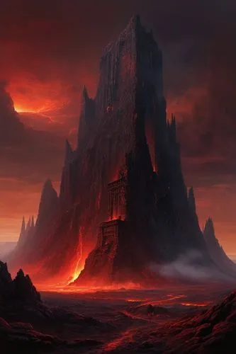 Qo'noS, Klingon homeworld, dark red sky, towering volcanoes, lava flows, barren wasteland, rocky terrain, ancient ruins, crumbling structures, worn stone walls, mysterious artifacts, misty atmosphere,