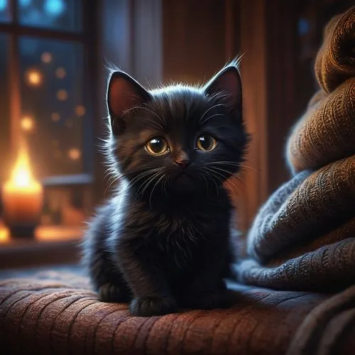 Epic shot of ultra detailed cute black baby cat in a wonderful cozy atmosphere, ultra inviting, luminous, evening atmosphere, little photorealistic, digital painting, sharp focus, ultra cozy and invit