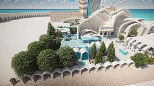 Realistic rendering of the Aghamiri Art Cultural Foundation with Iranian arches and white, pale blue, and turquoise colors. 
And the background of the city,the building in the rendering is all white w