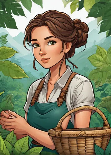 farm girl,game illustration,coffee tea illustration,basket maker,farmer in the woods,farmer,breadbasket,female worker,farmworker,agricultural,woman holding pie,marguerite,marie leaf,garden work,girl in the kitchen,milkmaid,girl with bread-and-butter,picking vegetables in early spring,farm background,work in the garden,Unique,Design,Sticker