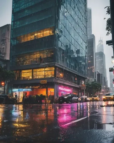 Modern skyscraper, sleek glass facade, metallic framework, rooftop garden, cityscape view, busy streets, cars passing by, night scene, neon lights reflecting off wet pavement, raindrops on windowpane,