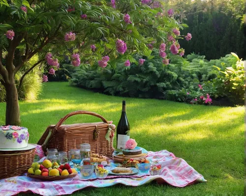 A heartwarming birthday picnic in a beautiful garden,garden breakfast,picnic basket,garden party,picnic,breakfast outside,summer still-life,persian norooz,easter brunch,midsummer,june celebration,tea 