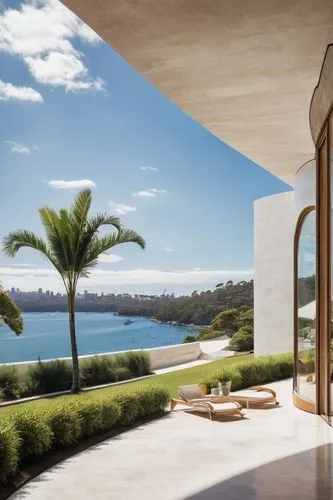 Australian modern architecture, Sydney Opera House-inspired design, white concrete walls, curved lines, large glass windows, sliding doors, outdoor pool, wooden decking, lush greenery, tropical plants