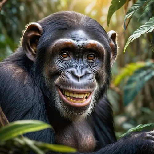 Smiling chimpanzee, close-up, facial expression, raised eyebrows, slightly opened mouth, shiny eyes, furry face, brown fur, sitting, jungle, tropical plants, vines, ancient trees, warm sunlight, misty