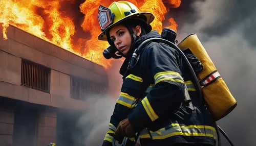 Create a thrilling story where a firefighter rescues trapped individuals from a burning building.,firefighter,woman fire fighter,fire ladder,volunteer firefighter,fire and ambulance services academy,f