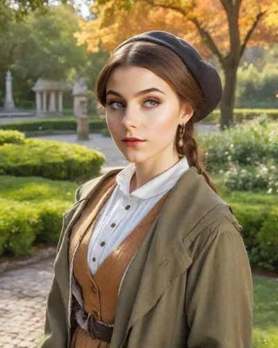 A medieval woman walking in a park wearing autumn clothes, jacket and hat. A man is accompanying her.,jane austen,victorian fashion,beret,victorian lady,the victorian era,downton abbey,victorian style