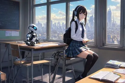 Schoolgirl, uniform, blazer, white shirt, tie, plaid skirt, knee-high socks, black shoes, backpack, sitting, desk, classroom, blackboard, chalk, books, pencils, ruler, AI robot, futuristic, metallic, 