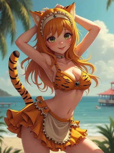 hyperrealistic Lum Invader in tigered bikini. Focus on the details of her outfit, including the frills, apron, and headband, while maintaining her iconic tigered tail and vibrant personality. The atmo