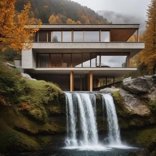 waterfall,fallingwater,house in mountains,house in the mountains,house with lake,modern house,modern architecture,forest house,beautiful home,swiss house,house by the water,dreamhouse,waterval,mid cen