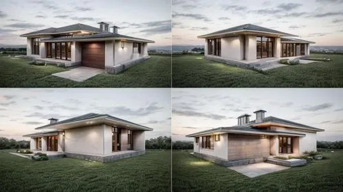 Modern single-story house from 4 angles in the same style with a combination of red and beige brick facades. It has a sloping roof with projections, large front windows and stone steps leading to the 