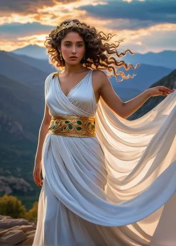 Curvy goddesses, ancient Greek mythology, golden laurel wreath, flowing curly hair, bright blue eyes, shimmering silver eyelids, rosy cheeks, plump lips, lavish makeup, ornate jewelry, draped silk tog