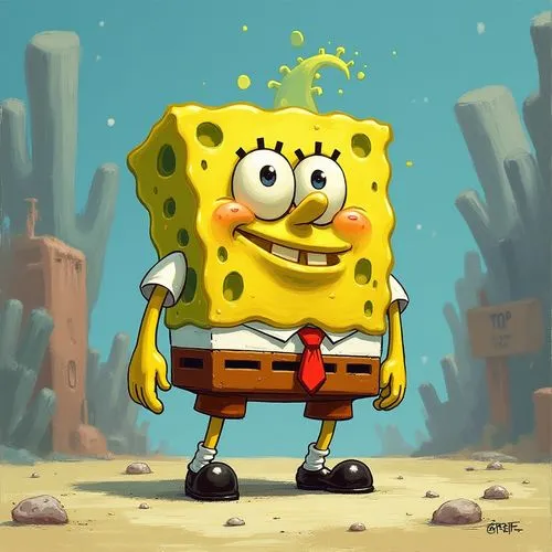 Spongebob and Bart Simpson fused
,spongebob with a tie on stands in front of a desert,squarepants,spongebob,sponge bob,spongy,hillenburg,sponged,Conceptual Art,Oil color,Oil Color 04