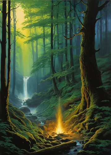 In a mystical realm, ash falls gently from the trees, creating a magical atmosphere and revealing ancient secrets.,forest landscape,old-growth forest,forest background,holy forest,green forest,forest 