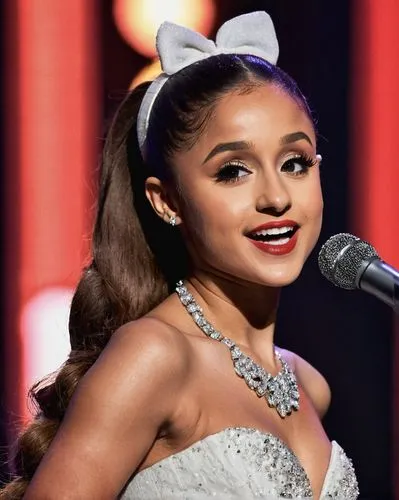 Ariana Grande, young woman, solo, (20yo), beautiful detailed eyes, bold eyebrows, brown curly hair, subtle highlights, natural makeup, red lips, elegant white dress, strapless, high-low hem, heels, di