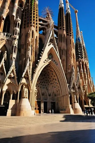 Sagrada Familia, Gaudí's iconic cathedral, intricate stone carvings, towering spires, vibrant stained glass windows, ornate Gothic details, grandiose entrance, dramatic lighting, warm sunny day, blue 