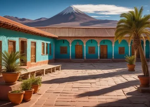 Bolivian architecture, colorful colonial-style building, vibrant turquoise walls, intricate stone carvings, ornate wooden doors, terracotta roof tiles, grand courtyard, fountain, palm trees, Andean pa