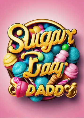 Sugar Daddy logo, golden font, bold script, 3D effects, shiny metallic texture, luxurious feel, modern composition, centered alignment, circular shape, sweet treats surrounding, colorful candies, loll