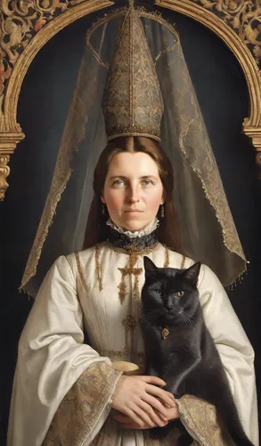 8k, (portrait of a noble woman in 15th century medieval dress holding a one dark-grey cat in her arms: 1,5), ((on the woman's head there is a high and narrow borderless Gothic cone "hennin", is tightl