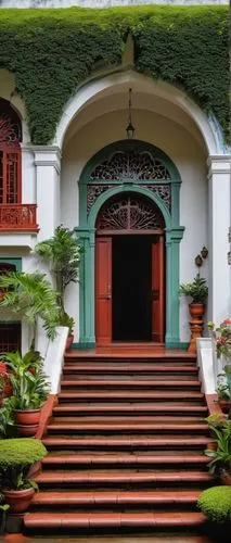 Cameron Highlands, colonial architecture, British-style mansion, grand entrance, arched windows, wooden doors, intricate carvings, lush greenery surroundings, foggy atmosphere, morning mist, soft natu