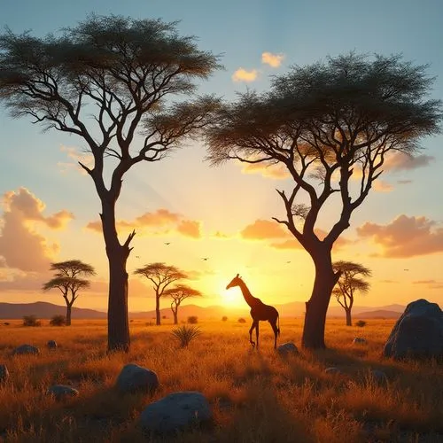 African savannah, regionalism style, sunset time, warm orange light, acacia trees with twisted branches, scattered rocks, dry yellow grass, few baobab trees in the distance, a lonely giraffe eating le