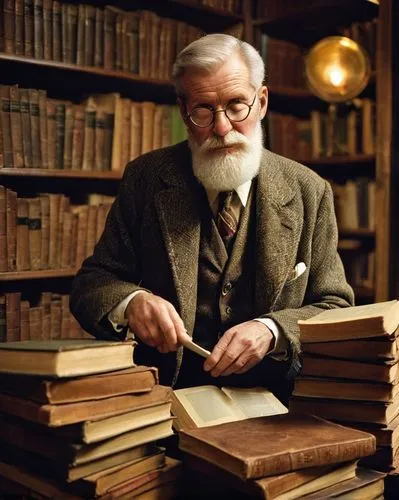 Old bookstore, vintage architectural books, worn wooden shelves, dusty tomes, dimly lit interior, warm yellow lighting, old man with glasses, white beard, tweed jacket, sitting on a stool, surrounded 