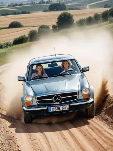 Mercedes car with three women in it going at high speed over a dirt road.
,two women riding in the back of a blue car,mercedescup,daimlerbenz,mercedes e class,mercedes sl,mercedes c class,oversteer