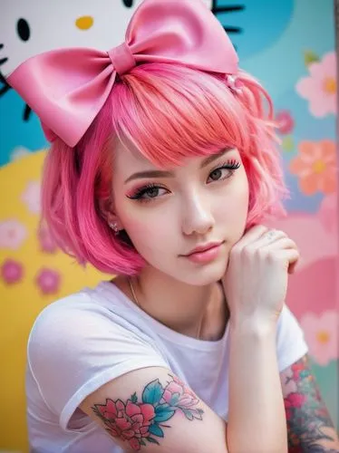 japanese kawaii,kawaii girl,realdoll,anime girl,pink bow,kawaii,punk,pink hat,harajuku,pink beauty,pink background,pink hair,cute cartoon character,kawaii patches,beret,tattoo girl,minnie mouse,rockabella,pompadour,cute,Conceptual Art,Sci-Fi,Sci-Fi 08