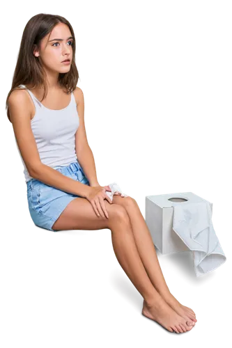 Girl, menstruation, solo, (18yo), worried expression, messy brown hair, no makeup, casual wear, white tank top, light blue shorts, sanitary napkin visible, crossed legs, sitting on toilet, realistic, 