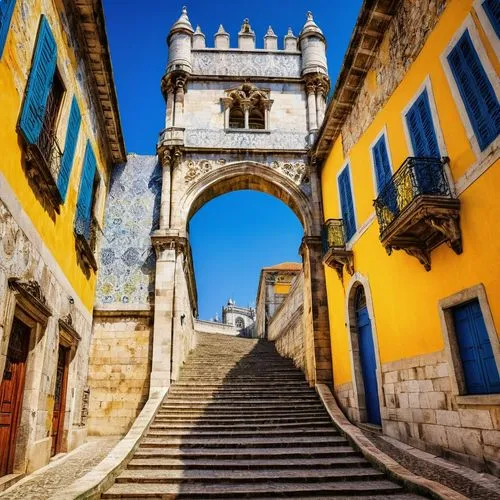 Lisbon, Portugal, historic architecture, Belem Tower, Jeronimos Monastery, Pastel de Nata, colorful tiles, ornate facades, grandiose staircases, intricate stone carvings, vibrant yellow and blue build