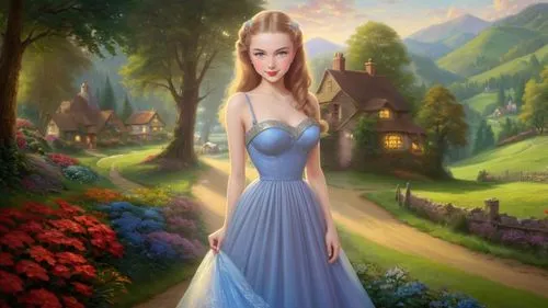 Romantic masterpiece oil painting, cute girl portrait, nostalgic 1950's style kitsch, rolling hills landscape, lush forest village scenery, by Thomas Kinkade, by Bob Ross,girl in a long dress,margaery