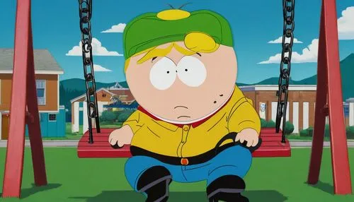 Cartman, chubby, blonde hair, messy hairstyle, blue eyes, freckles on face, yellow shirt, dark blue pants, black shoes, sitting, relaxed pose, South Park Elementary, Colorado, sunny day, clear sky, gr